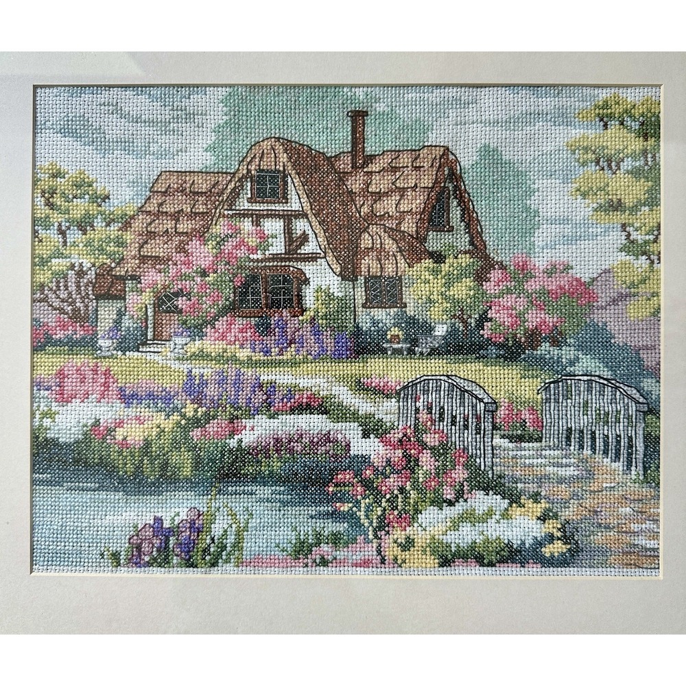 Vintage Cross Stich 21.5x17.5 Inch‎ Cottage Retreat Garden Flowers Matted Framed